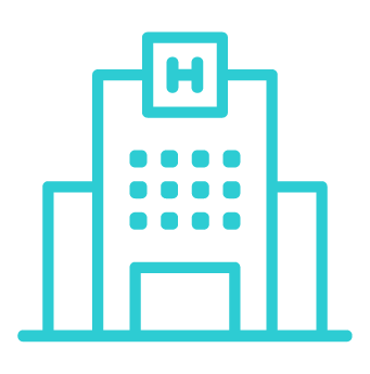 A simple line drawing icon of a hospital—a tall central building with windows and a large H on top flanked by two shorter buildings.