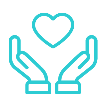 A simple line drawing icon of two hands holding a simplified heart.